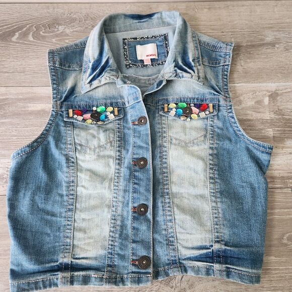 Bongo Rhinestone Pocket Vest Women XL Embellished Stretch Blue Denim Button Jean - Picture 2 of 11